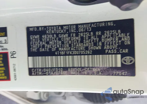 2013 Toyota Camry Le z USA, uszkodzony, nr VIN 4T1BF1FK3DU705262